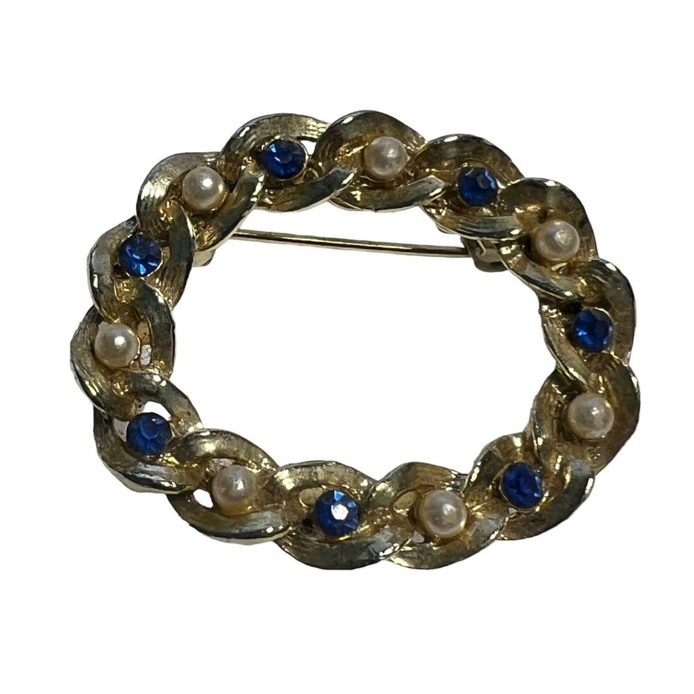 Vintage Gerrys Brooch Oval Faux Pearl Blue Rhinestone Gold Tone Pin